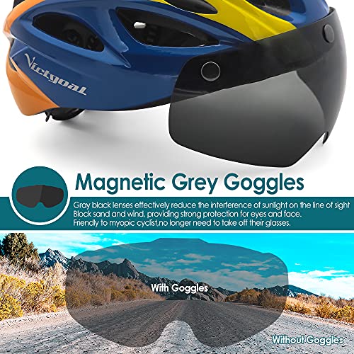 Victgoal Adults Bike Helmet for Men Women Detachable Magnetic Goggle Visor Bicycle Helmet with LED Rear Light Cycling Road Mountain Cycle Helmet (Blue Orange) - Image 3