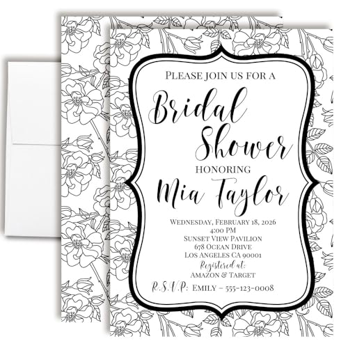 Amanda Creation Black And White Floral Bridal Shower Invites