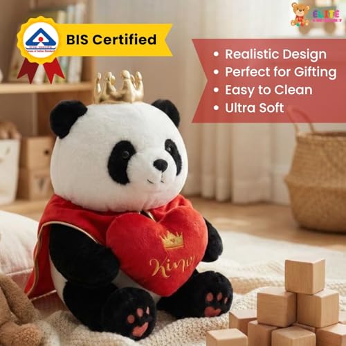 Image of ELITE CREATIONS King Panda Soft Toy with Crown Holding King Heart Cushion | 40 cm Cute Panda Teddy Bear | Romantic Gift for Girlfriend Boyfriend Wife Husband | Valentine Birthday