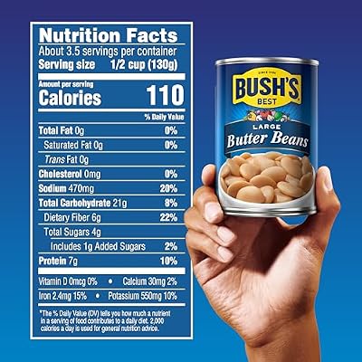 BUSH'S BEST 16 oz Canned Large Butter Beans, Source of Plant Based Protein and Fiber, Low Fat, Gluten Free, (Pack of 12)