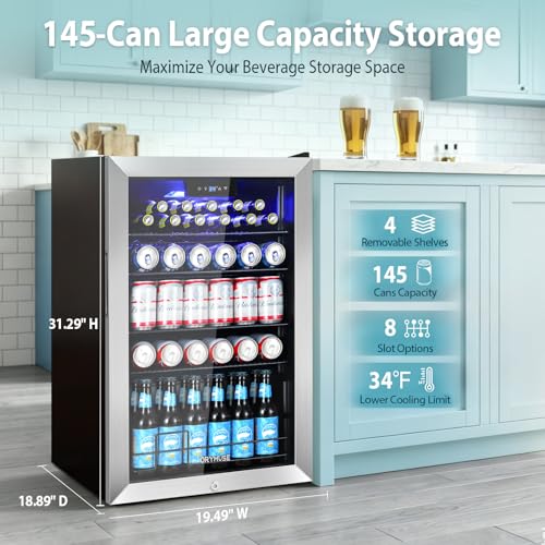 Image of ORYMUSE 20 Inch Beverage Refrigerator, 145 Can Drink Fridge with Glass Door, Under Counter or Freestanding Beer Cooler, Compact Mini Fridge for Home Bar, Office & Kitchen, Stainless Steel
