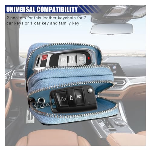 Image of BDZMC Car Key Case, Genuine Leather Car Keychain Holder, 2 Sides Pocket Car Key Fob Zipper Bag, Car Key Case for Women Men(Light Blue)