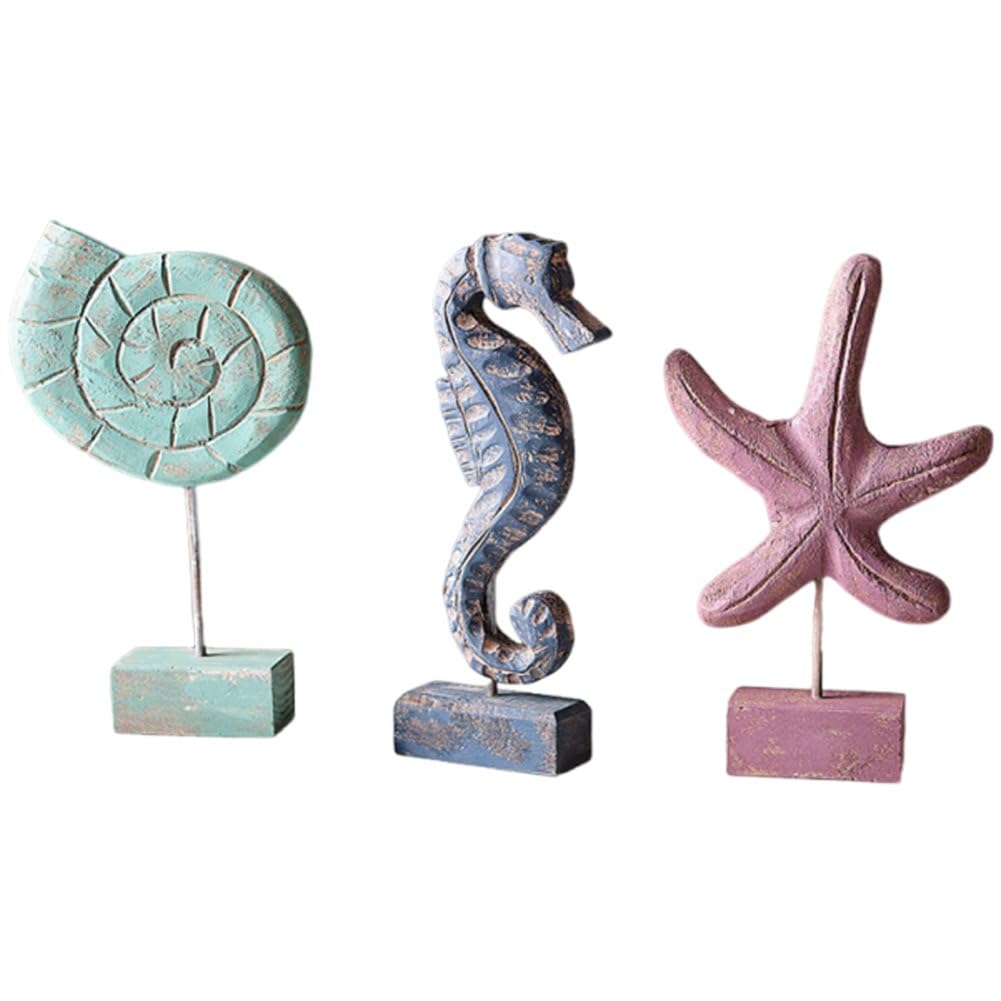 3PCS Mediterranean Starfish Conch Seahorse Statue Figurines, Wood Resin Desktop Crafts Office Ornament for Beach Home Decor