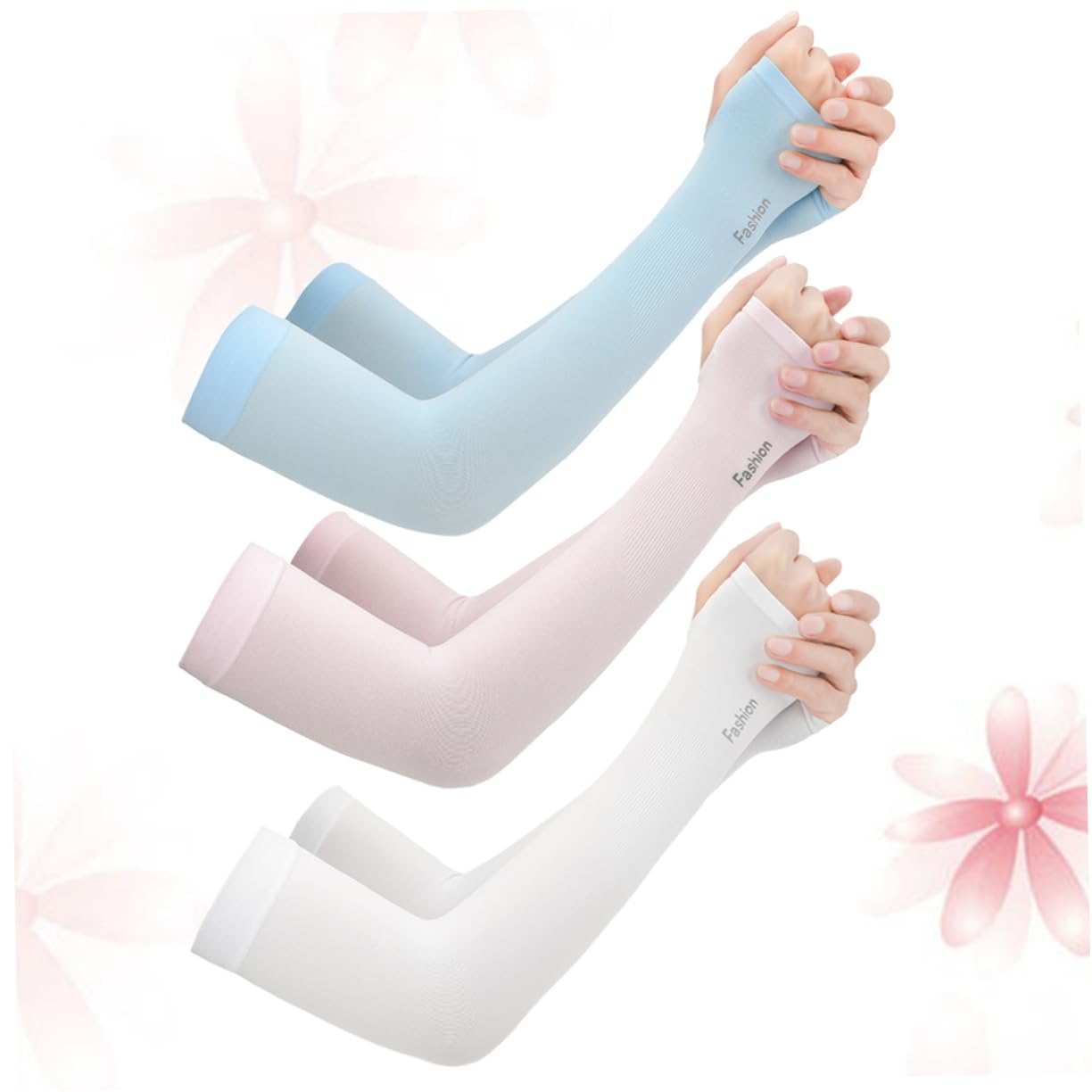 WHAMVOX Elastic Arm Sleeves Thumb Holes 3 Pairs Cooling Cuff Sun Protector for Men Women Sports Padded Sleeve Long Ice Silk Elbow Guard (sky)