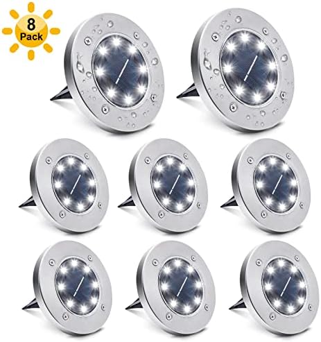 8 Pack Solar Ground Lights,8 LED Waterproof In-Ground Lights Solar Powered Garden Lights Patio Disk Lights Outdoor Landscape Lighting for Lawn, Patio, Pathway, Yard, Deck, Driveway,Walkway(White)