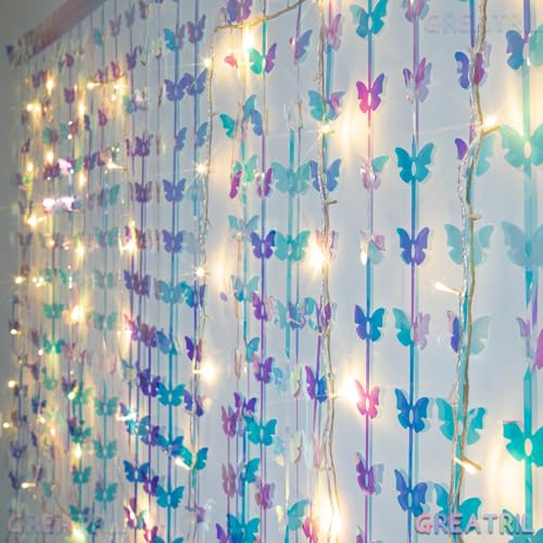 Image of Iridescent Butterfly Fringe Party Backdrop - GREATRIL Fairy Streamers for Butterfly Princess Themed Birthdays Party Decoration - 3.2ft x 6.5ft - 2 Packs