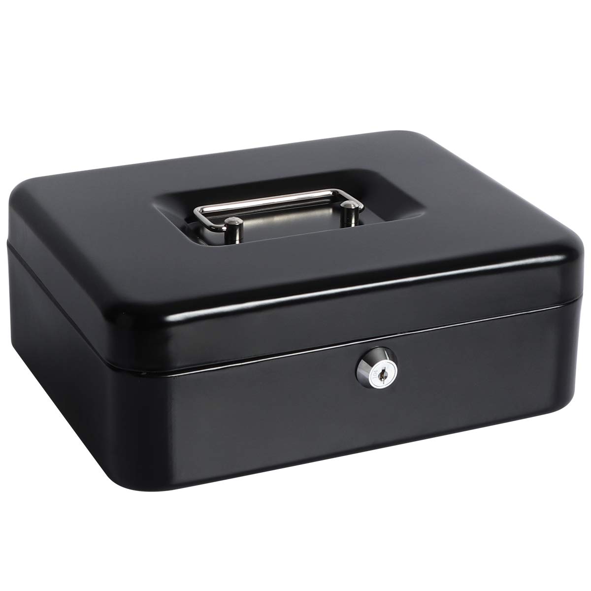 Cash Box with Money Tray, Parrency Large Money Box with Key Lock, 9.8 x 7.9 x 3.5 inches, Black