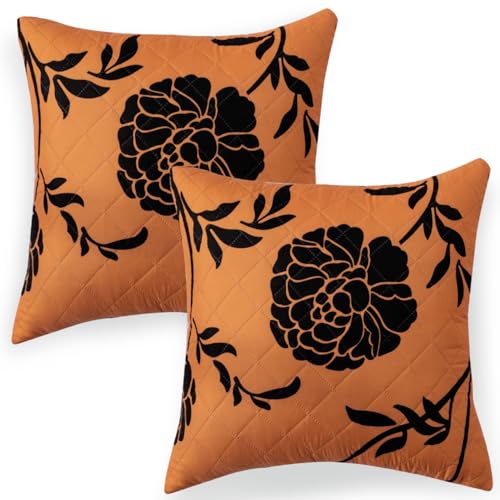 Image of HOKIPO 'Elira Series' Printed Quilted Cushion Cover for Sofa 22x22 Inches, Set of 2, Copper Brown Floral (AR-6232-C8*2)