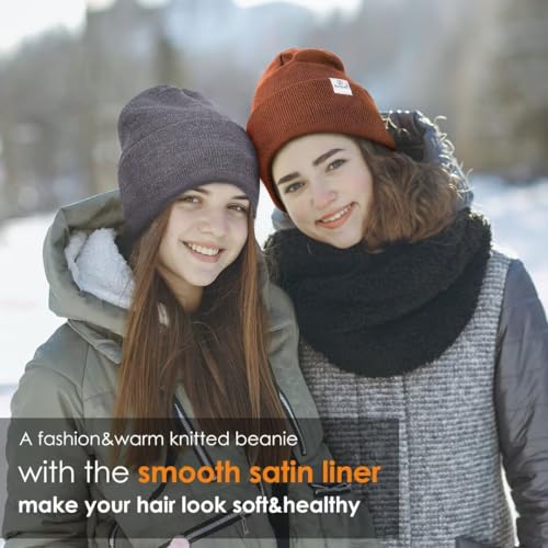 Image of 3 Pack Satin Lined Winter Beanie Hats for Women Men,Silk Lined Beanie Knit Soft Warm Cuffed Hat