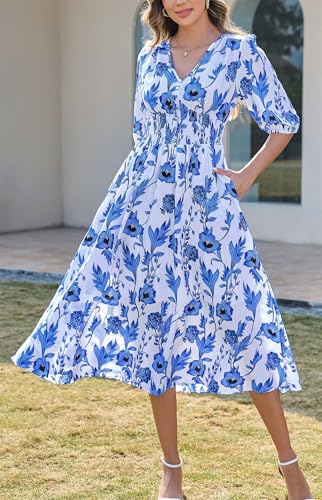 Image of Kormei Women Casual Boho V Neck 3 /4 Sleeve Smocked Waist A Line Flowy Swing Midi Dress Smocked Long Dress
