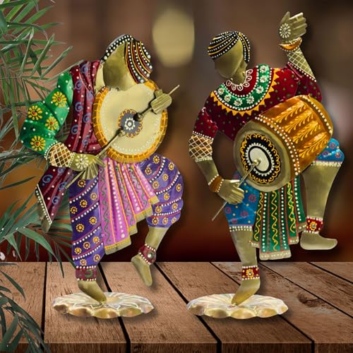 Image of KRAFTSKALA Handcrafted Chang Dancers Iron Metal Showpiece - Vibrant Rajasthani Folk Art Sculpture for Home Decor, 14 Inch