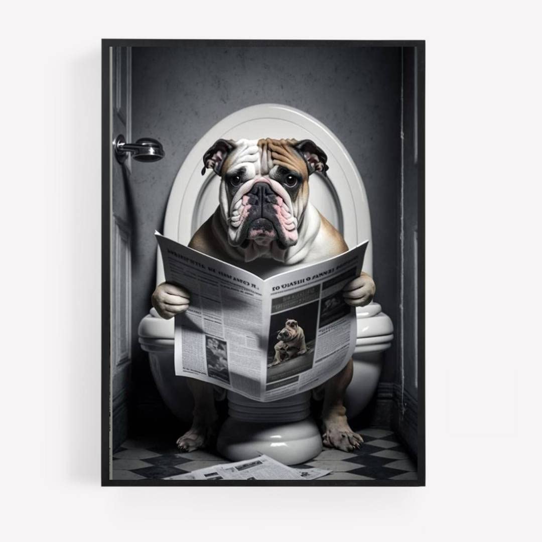 Gfc Black White Funny Bathroom Toilet Animal Print Picture Poster English Bulldog Dog On A Toilet Reading Newspaper A4 Unframed Wall Art Home Decor Decorating