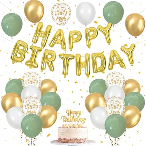 Sage Green Birthday Decorations for Men Women - Happy Birthday Balloons with Sage Green White Gold Balloons, Happy Birthday Banner Foil Letter Balloon Cake Topper for Boys Girls Men Women Birth
