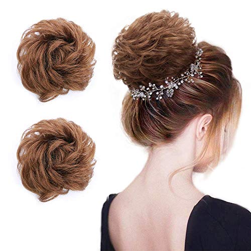 GX Beauty 2PCS 100% Human Hair Bun Extensions For Women Messy Bun Hair Piece Scrunchie Wavy Curly Updo Hair Bun Donut Chignons（Light Brown#）