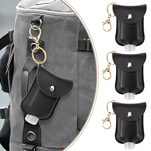 Empty Hand Sanitizer Bottle Carrier with Leather Keychain Holder Case, 3 Pack 2oz Portable Travel Squeeze Plastic Bottle with Flip Cap for Hand Cream, Shampoo and Lotion, Leak Proof Reusable Bottle