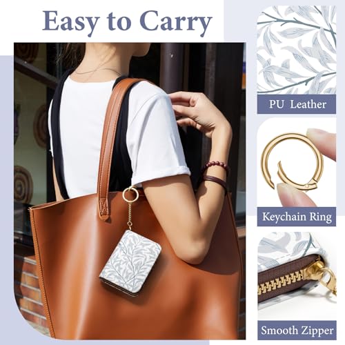 Image of Credit Card Holder RFID Wallet for Women, Small Leather Card Organizer Case with Zipper and Keychain, Gray Leaf
