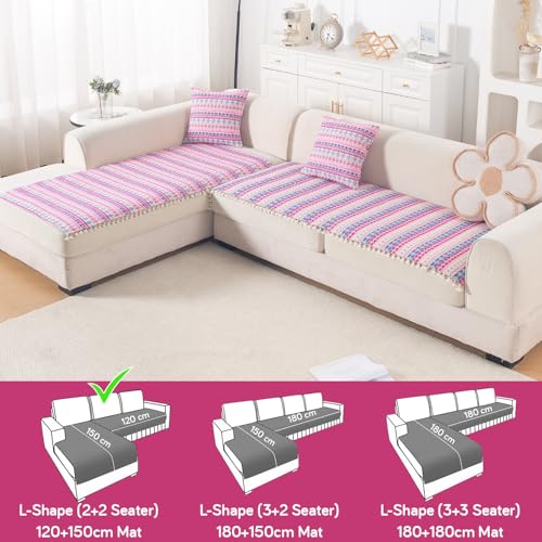 Image of HOKIPO L Shape (2+2 Seater) Sofa Cover Seat Mat | 300 GSM Cotton Acrylic Jacquard Fabric with Tassel, 'Trivana Series' Periwinkle Blue (IN-934+935-J5)
