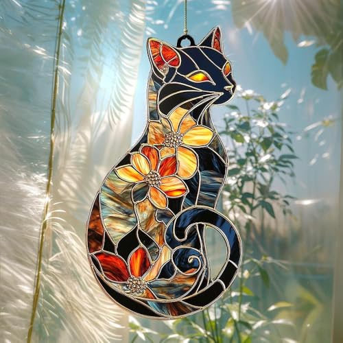 Floral Black Cat Suncatcher with Flowers Design Acrylic Stained Glass