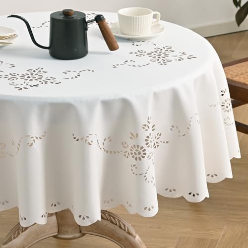 Wracra Macrame Waterproof Table Cloth, Farmhouse Linen Style Round Table Cover, Wrinkle Resistant Washable Indoor Outdoor Table Cloth (White, Round 55") by Wracra - Used condition - Image 2