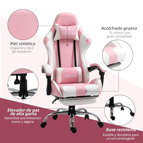 Vinsetto Silla Gaming Reclinable Silla Gamer Giratoria con Reposacabezas Reposapiés Cojín Lumbar Altura Ajustable para Oficina Estudio 64x67x119-127 cm Rosa - imagen 7