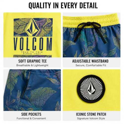 Image of Volcom Baby Boys Swim Set - 2 Piece Short Sleeve Swim Shirt Graphic Tees & Board Shorts - Infant Toddler Little Boys Swimsuit