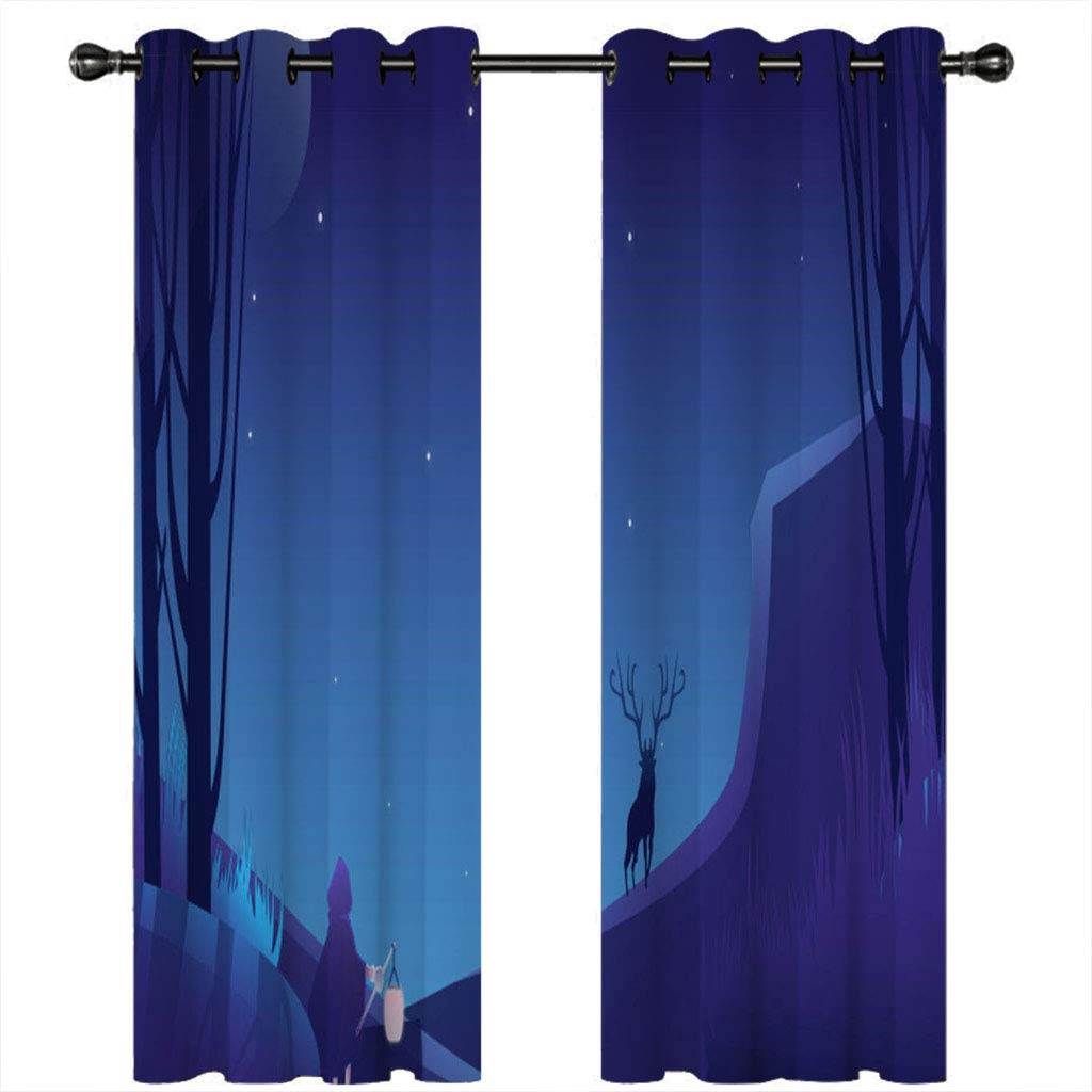 Cortinas Opacas Termicas Aislantes Frio Y Calor Con Ojales 2 Piezas 3D Sombra De Ciervo En El Bosque Azul Profundo Patrón 280X260Cm Cortinas Salon Infantil Dormitorio Ventana Moderna Decoración Par