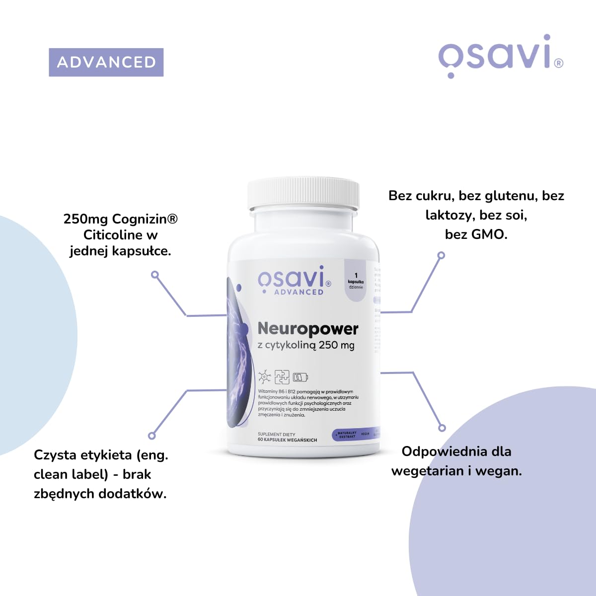 Osavi Neuropower z Cytykoliną 250 mg – 90 wegańskich kapsułek | Wspiera układ nerwowy i zdrowie psychiczne | Z Cognizin® cytykoliną, L-teaniną, koenzymem Q10, B6 i B12 dla jasności umysłu