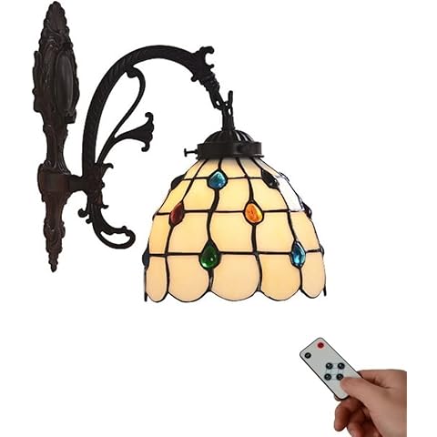 ANUOMY Wall Sconces Battery Operated Remote Led Wall light Fixture,Tiffany Style Antique Wall Lamp Dimmable Color Glass Vintage Art Wall Deco lighting for Bedroom Beside Cover