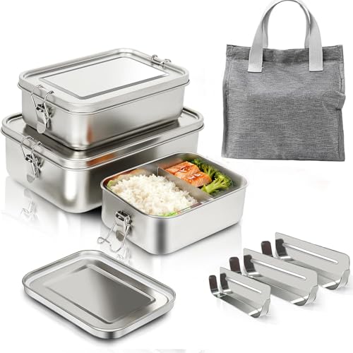 3pcs Stainless Steel Lunch Box with Removable Divider & Storage Bag, Metal Food Containers with Lids, Reusable Leak-Proof & Stackable Storage, Steel Food Storage for Soup Salad Fruit Leftover