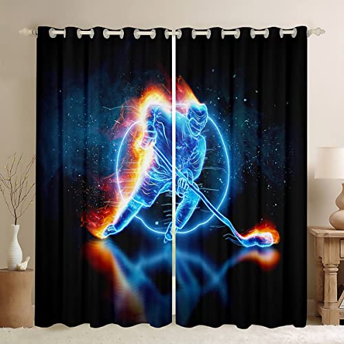 Ice Hockey Curtains Teens Puck Sport Fans Window Curtains For Bedroom Living Room Kids Boys Girls Sports Games Theme Window Drapes Gold Flame Ice Blue Decor Window Treatments,42 X 63 Inches,2 Panels #TOP21