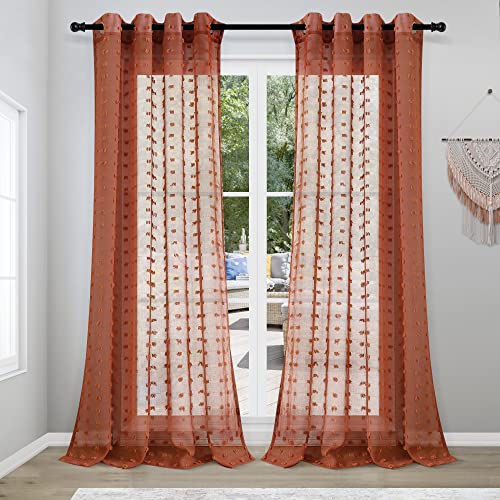 Image of Guken Grommet Pom Pom Sheer Curtains 90 Inch Length 2 Panels for Living Dining Room Textured Curtain for Bedroom Light Filtering Semi Sheer Voile Boho Farmhouse Curtain Panels,Orange Rust,W52xL90