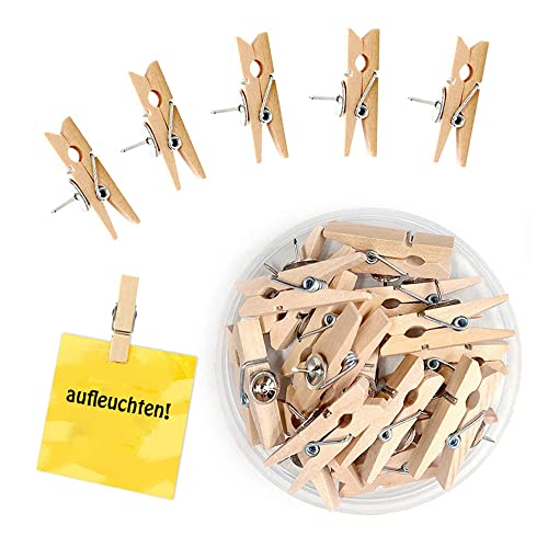 Push Pins with Wooden Clips, 100Pcs Wooden Drawing Pins, Cork Board Pins with Clips, Wooden Pegs with Pushpins, Peg Boards for Cork Board Arts Projects Photo Supplies(Wood Color)