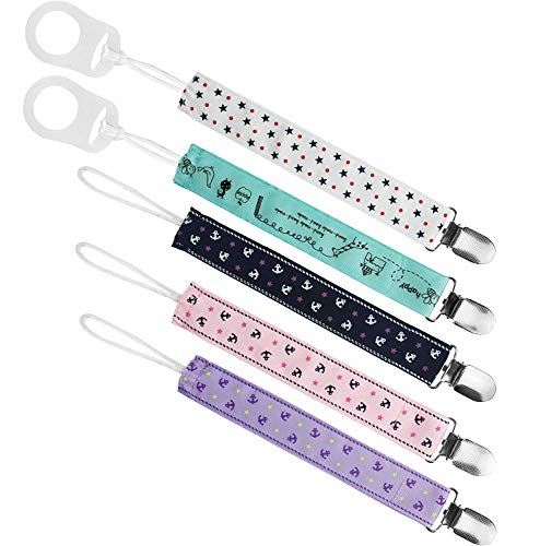 HBselect Confezione da 5 Catenella Portaciuccio con 2 pezzi Baby Capezzolo Ciuccio in Silicone Morbido
