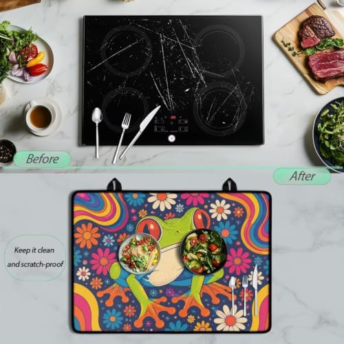 Image of Electric Stove Top Covers Heat Resistant Glass Ceramic Cooktop Cover Mat Retro Kitchen Scratch Resistant Flat Top Stove Cover, 29 x 21 Inch, Hippie Frog Daisy Print
