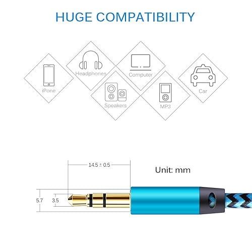 Miniatura 9 de Cable auxiliar de 10 pies, cable de audio de 0.138in, cable de audio macho a macho, cable auxiliar estéreo para automóvil, punto ecológico, altavoz