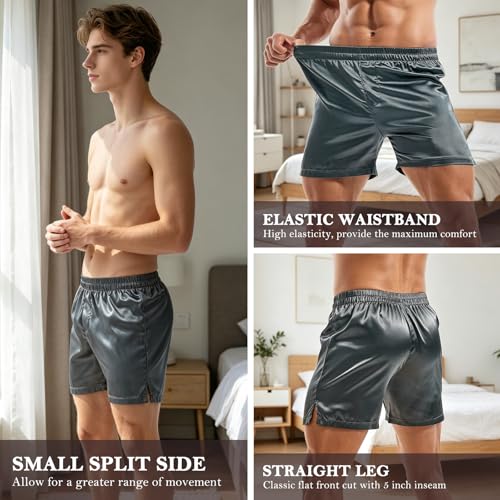 Image of AMY COULEE Mens Satin Boxer Shorts Silky Lightweight Pajama Bottoms Split Side Lounge Sleep Shorts