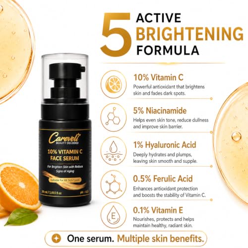 Image of 10% Vitamin C Face Serum with 5% Niacinamide, 1% Hyaluronic Acid, 0.5% Ferulic Acid & 0.1% Vitamin E | Face Serum for Glowing Skin, Dark Spots Appearance, Uneven Skin Tone & Hydration | Lightweight & Non-Sticky (30 ml)