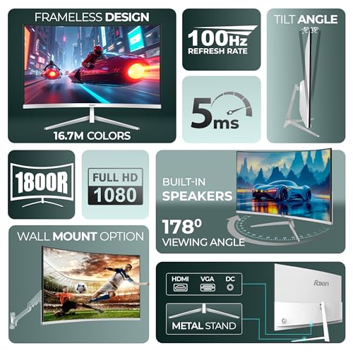 Image of Foxin Elite Pro 24 Inch Curved LED Monitor | 100Hz Refresh Rate |1800R Curve| Full HD 1080p| Built in Speaker | Bezel Less Design | HDMI & VGA Ports | White | 3 Yrs Warranty