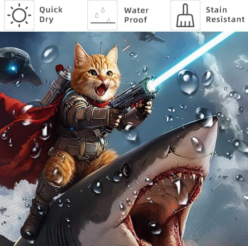 Image of Funny Shower Curtain, Hilarious Cool Cat Riding Shark Ocean Wave Shower Curtains for Bathroom, Funny Kids Boy Fabric Bathroom Accessories Decor Curtain, with Hooks 72x84 Inch