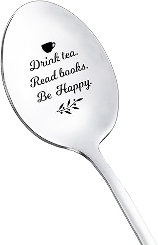 Regalos de cumpleaños de Navidad para amantes del té de libros, mujeres, hombres, beben té, leer libros, cuchara Be Happy para lectores, amantes de
