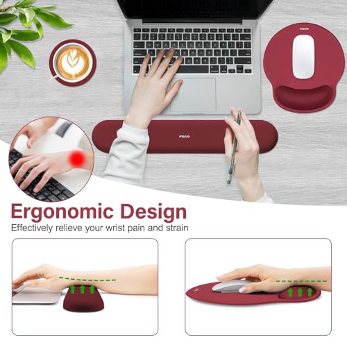 Image of MOSISO Wrist Rest Support for Mouse Pad&Keyboard Set, Circle Curved Ergonomic Mousepad&Coaster Non-Slip Base Home /Office Pain Relief&Easy Typing Pad with Soft Cloth&Silicone Lining, Wine Red
