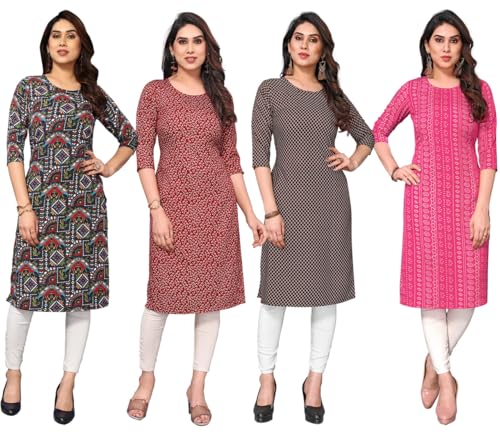 Image of JAKHANA Women's Crepe Printed Casual Straight Calf Length Round Nick Kurta Pack of 4