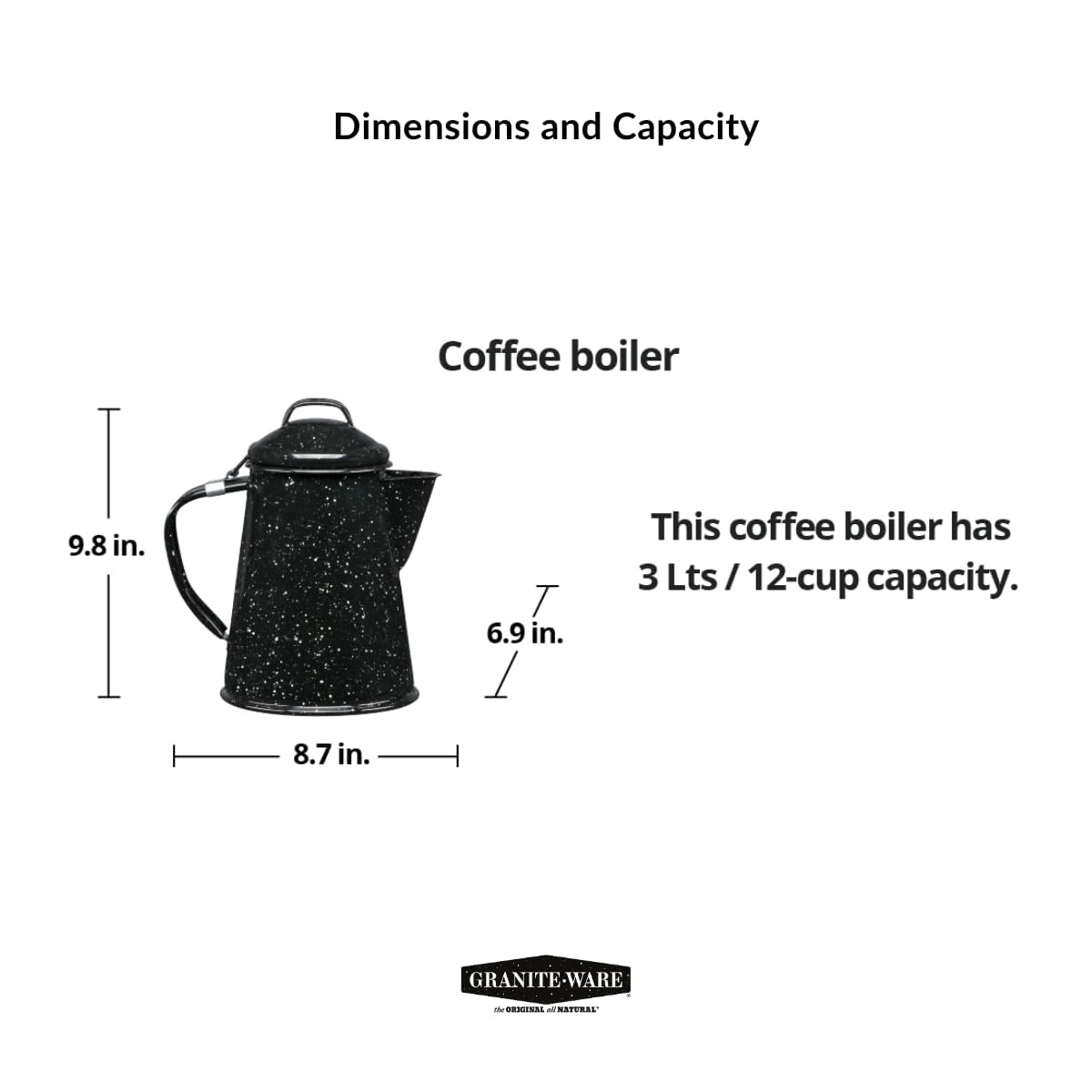Granite Ware Coffee Boiler, 3-Quart - Stovetop or Campfire Coffee Pot, Durable Enameled Steel for Rapid Heat Absorption, Energy Efficient Design for Outdoor Adventures (Speckled Black)