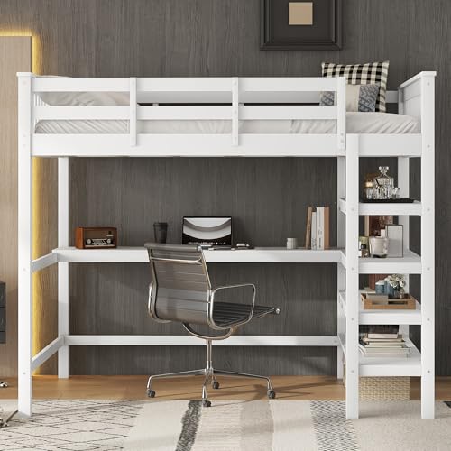 Merax Hochbett mit Schreibtisch & Lagerregal 140x200cm, Kinderbett Bettgestell mit Lattenrost & Rausfallschutz, Platzsparendes Kinder Etagenbett aus...