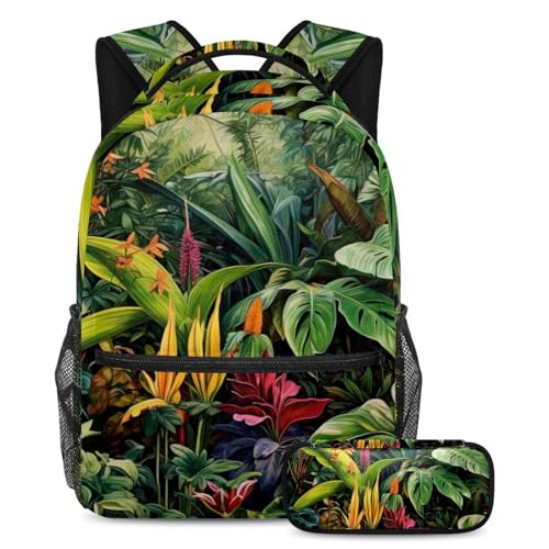 Sac à dos et trousse à crayons motif plantes tropicales grand format 18 cm