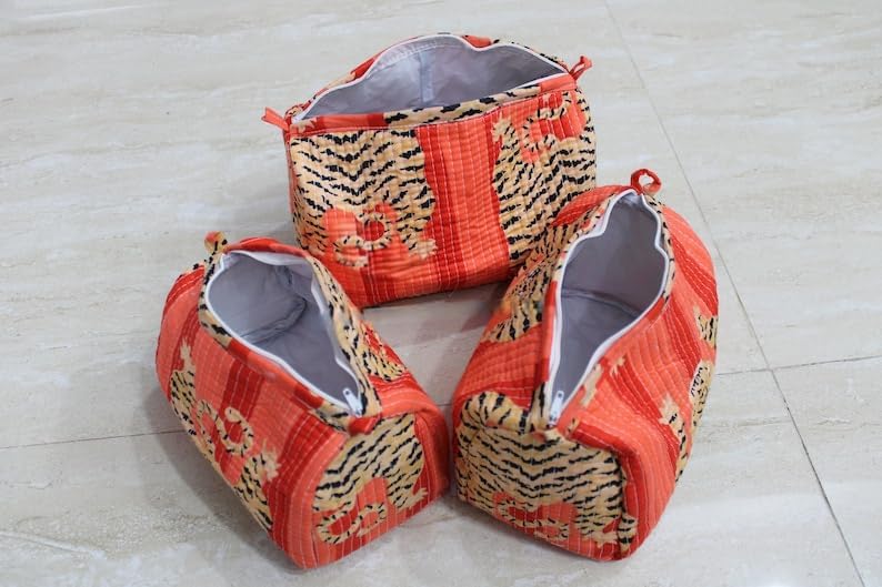 YILLE Set of 3 Pieces Block Printed Travel Organizer Kit Storage Bag for Women Makeup Bag Travel Cosmetic Bag (Orange fat tiger) - Image 2