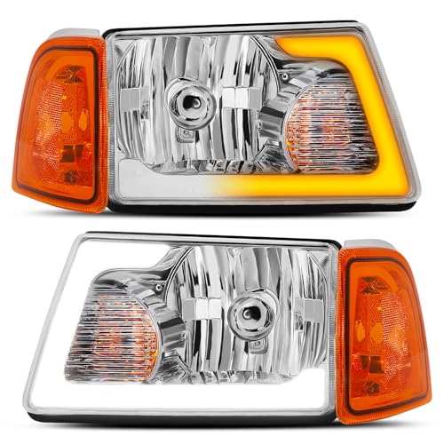 ELH LED DRL Headlight Assembly Fit For 2001-2011 Ford Ranger w/Sequential Turn Light 01-11 Ranger Headlamp Chrome Housing Amber Reflector