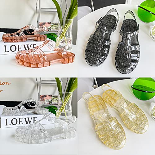 Women's Crystal Jelly Low Heel Sandals,Summer New Closed Toe Slingback Ankle Strap Sheer Soft Fisherman Beach Shoes3