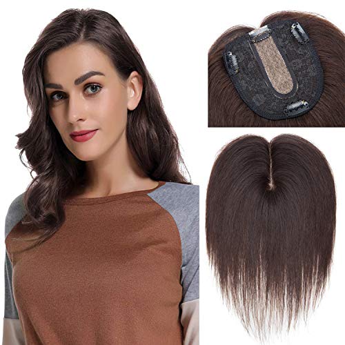 S-noilite Silk Base Topper Human Hair Piece Clip in Crown Toupee Top Hair Extensions Silk Topper for Women Replacement for Slight Hair Loss Thinning Hair 130% Density (14 -45g,#02 Dark Brown)