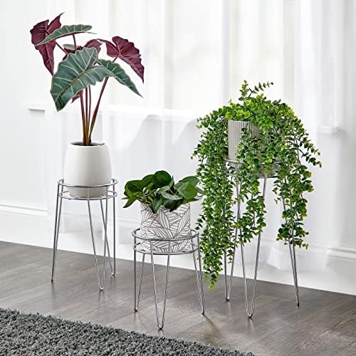 mDesign Midcentury Modern Flower Pot Stand, Metal Succulent and Plant Pot Holder - Minimalist Outdoor & Indoor Plant Holder - Hairpin Legs - Sturdy - Silver